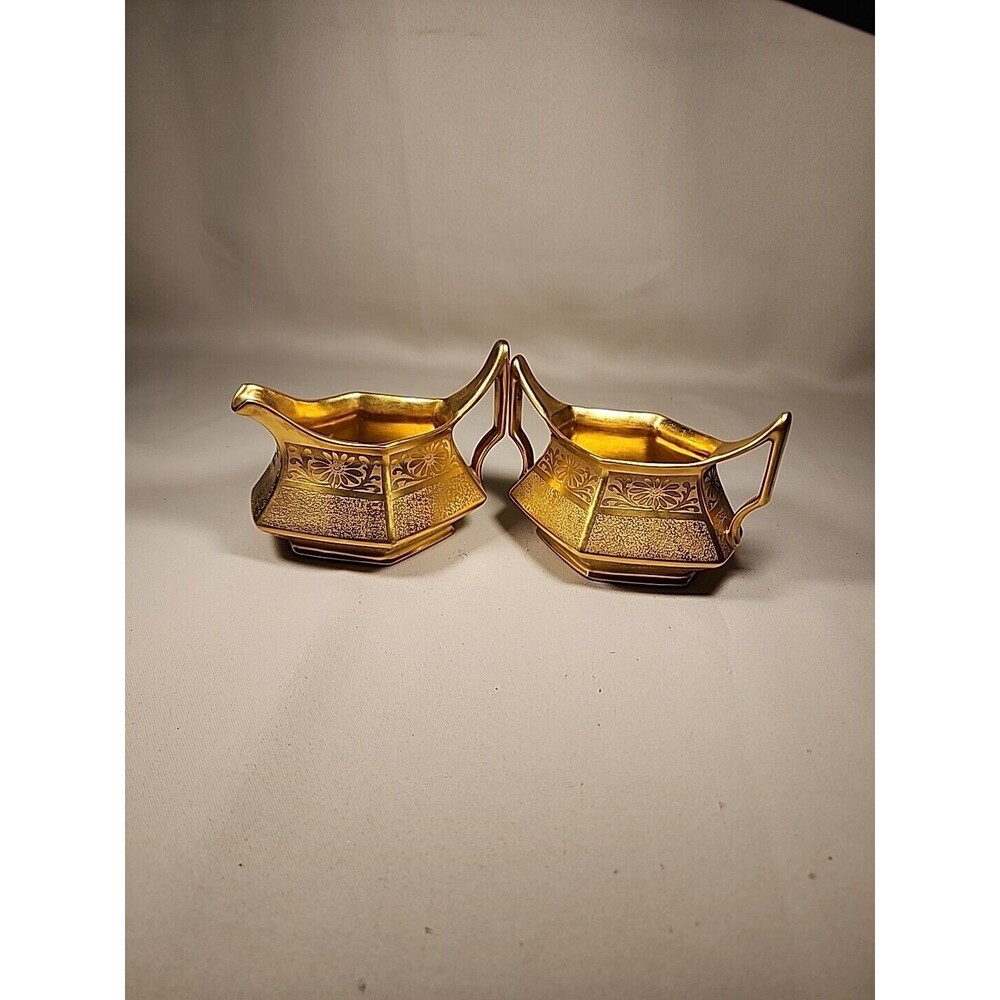 Vintage T & V Limoges France Gold Open Sugar Bowl & Creamer Set 082407